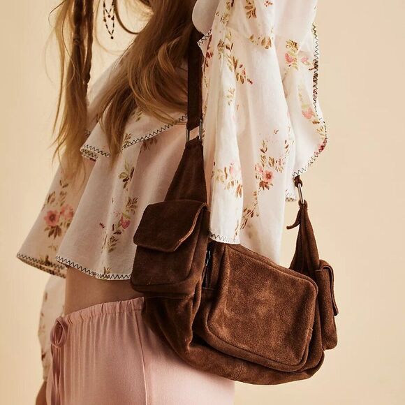 FREE PEOPLE Siren Suede Shoulder/Crossbody Bag In Coconut Shell NWT - Picture 1 of 9